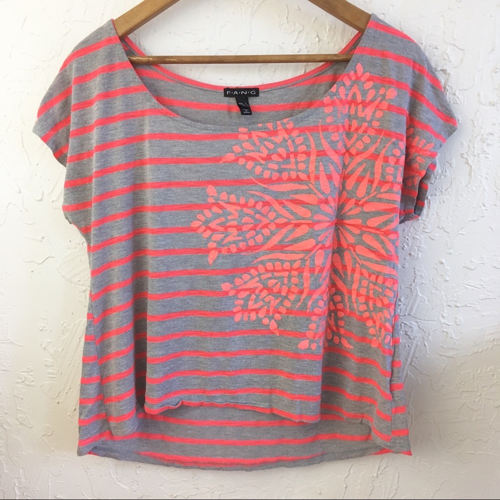 Striped Gray Neon Graphic T-shirt, off shoulder.